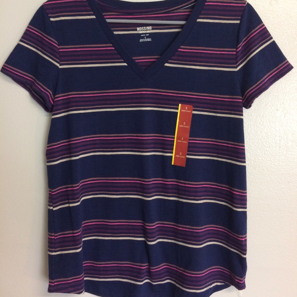 Navy and pink striped V-neck shirt
